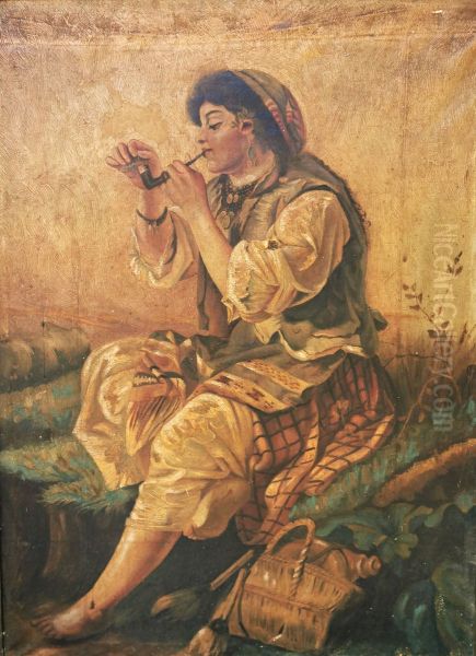 Gypsy girl lighting a pipe - view 1
