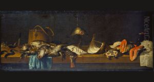 Still life with fish on a sales counter by Jacob van Es