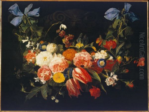 Festoon of flowers on blue ribbons - view 1