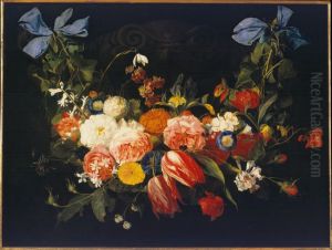 Festoon of flowers on blue ribbons