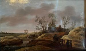 River Landscape with Figure Crossing a Bridge between Dunes by unknown