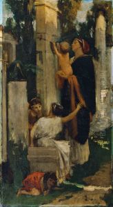 Ancient cemetery scene (woman with children decorating a grave) by Adolf Hiremy-Hirschl