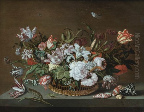 Flowers in a Basket on a Ledge with Shells - view 1