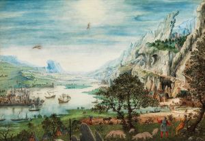 Rocky landscape with the fall of Icarus by Jan van Stinemolen