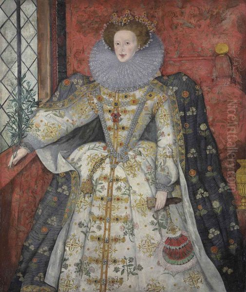 Portrait ofElizabeth I of Englandc. 1585-90, with an ermine, wearing the jewel called the Three Brothers, and holding an olive branch and a feather fan, standing in an interior. - view 1