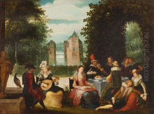 Elegant music making company in a park by Louis de Caullery
