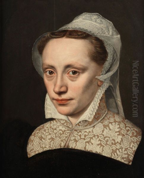 Portrait of a lady, bust-length, in black costume with a white lace collar and headdress - view 1