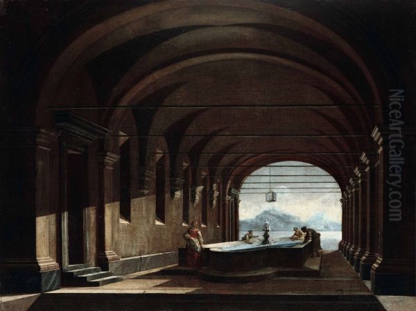 Architectural whim with women at the fountain - view 1