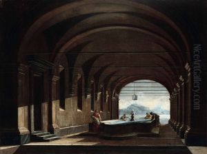 Architectural whim with women at the fountain by Niccolo Codazzi