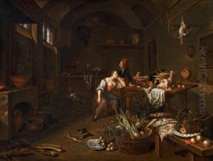 Kitchen interior with a sleeping maid by Jan Van Buken