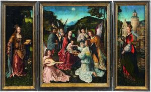 The Holy Family with Angels, St Catherine and St Barbara by Master of Hoogstraeten