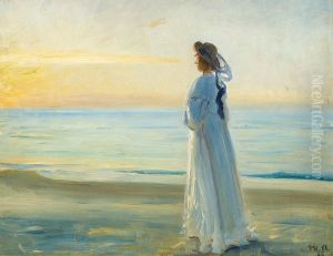 Marie Dinesen walking at Skagen Nordstrand. by Michael Peter Ancher