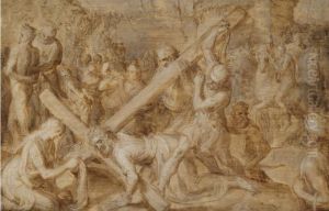 Christ carrying the cross, with saint Veronica and her veil by Chrispijn van den Broeck