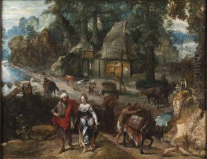 Townscape with figures in a market square in a tortoiseshell frame by Marten van Valckenborch