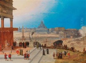 An extensive landscape with Saint Peter's Basilica in Rome and a historical scene in the foreground
