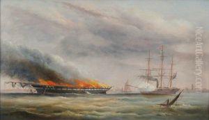 The Frigate HMS 'Falcon' Attempting to Sink by Shelling the Burning Hulk of the Troop Transport, 'Eastern Monarch'