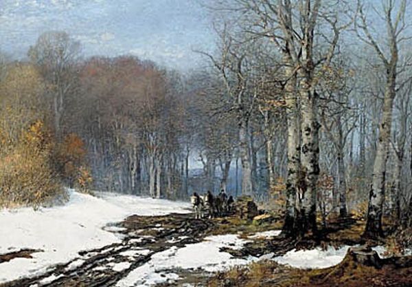 Horse-drawn carriage in a forest on a clear winter day. - view 1