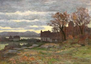 Huse ved en so, aftenstemning. by Anders Andersen-Lundby