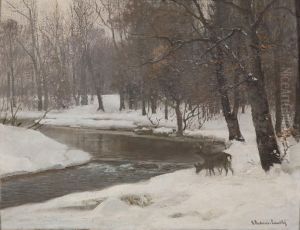 Deer by a stream in winter .