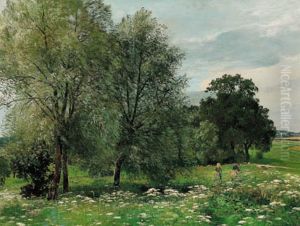 A meadow in Summer with children picking flowers. A meadow in Summer with children picking flowers.