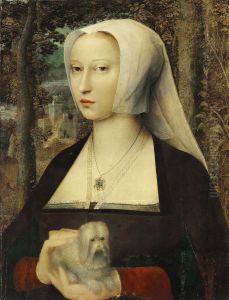 Portrait of a lady, half-length, with a dog by Adriaen Isenbrandt