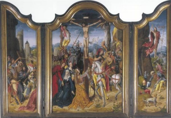 Tryptich of crucifixion with scenes of the carrying of the cross and the resurrection - view 1