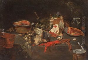 Kitchen still life with vegetables, meat, a lobster and a dog by Jan Van Buken