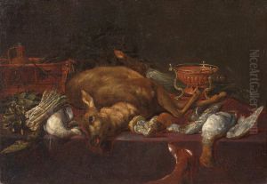 Kitchen still life with a deer, poultry and a dog Kitchen still life with a deer, poultry and a dog