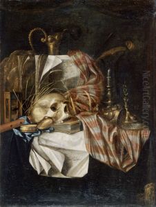 Vanitas still life with a skull, precious vessels and musical instruments on a draped table by Franciscus Gijsbrechts