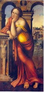 Woman against the background of Roman ruins. by Hendrick van Cleve III
