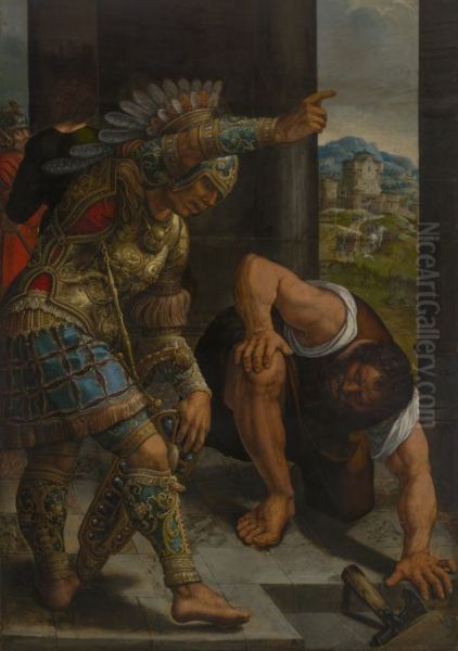 Roman warrior in armor and kneeling servant - view 1
