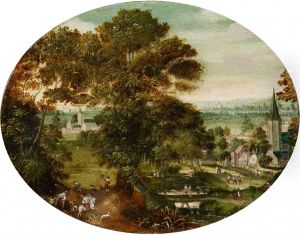 Village landscape with hunters