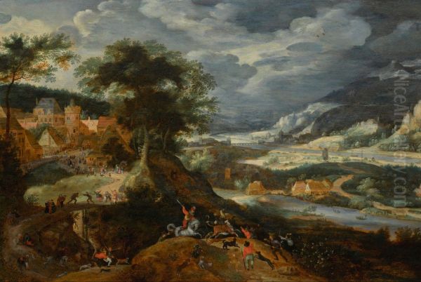 Extensive landscape with a bull hunt - view 1