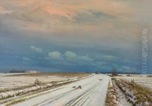 Winter landscape with birds at a road. by Anders Andersen-Lundby