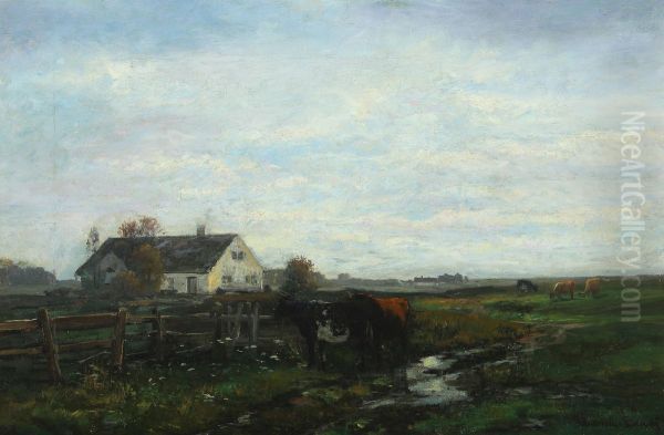 Engparti med graessende koer, i baggrunden huse. - view 1