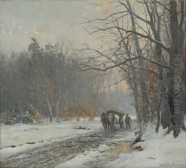 A horsedrawn cart on a snow covered road through the woods. - view 1