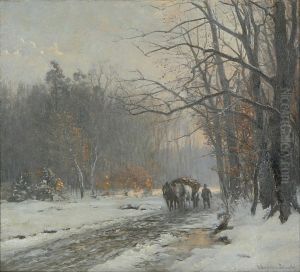 A horsedrawn cart on a snow covered road through the woods. by Anders Andersen-Lundby