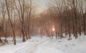 Sunset in the woods, winter. by Anders Andersen-Lundby