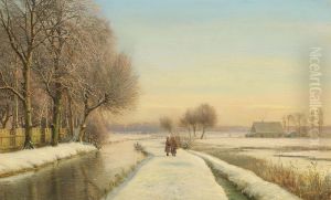 Two women by a river in a winter landscape.