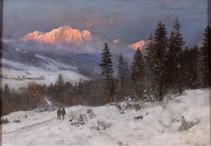 Vinterlandskab med jaegere. by Anders Andersen-Lundby