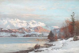 Vinterlandskab med morgenlys over bjergso, i baggrunden udsigt til Alperne. by Anders Andersen-Lundby