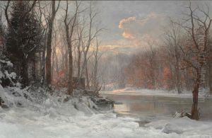Winter landscape with a river running along snow covered trees. by Anders Andersen-Lundby