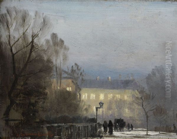 Buildings in a park by the evening lights. - view 1