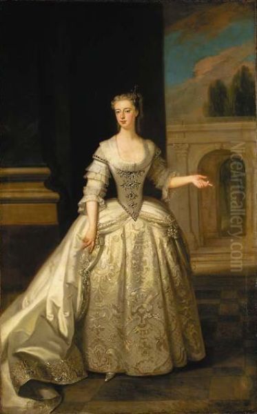 Portrait of Lady Caroline D'Arcy, Countess of Ancram, full-length, in a grey satin dress, beside a column, before an archway, with a landscape beyond - view 1