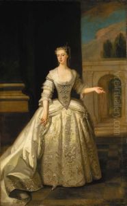 Portrait of Lady Caroline D'Arcy, Countess of Ancram, full-length, in a grey satin dress, beside a column, before an archway, with a landscape beyond