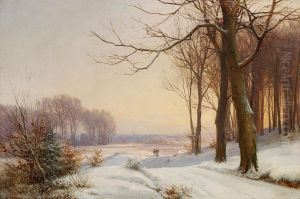 Vinterlandskab ved solnedgangstide. by Anders Andersen-Lundby