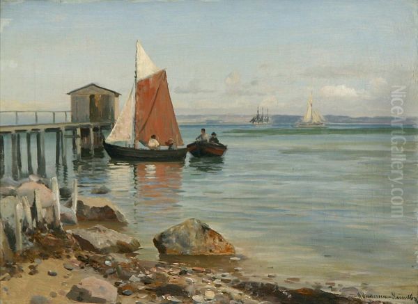 A coastal scenery with boats at a bathing jetty. - view 1