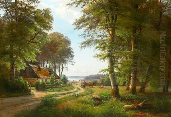 Woodlands in summer with cows and a thatched house. In the background a small inlet. - view 1