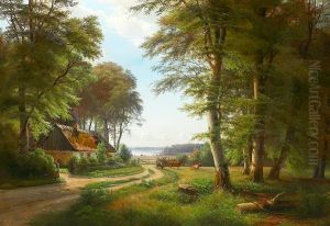 Sommerskov med koer og strataekt hus, i baggrunden udsigt til lille vig. Sommerskov med koer og strataekt hus, i baggrunden udsigt til lille vig.