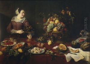 Woman in storage room with fruit and vegetables, with a parrot and a monkey on the right by Frans Snyders